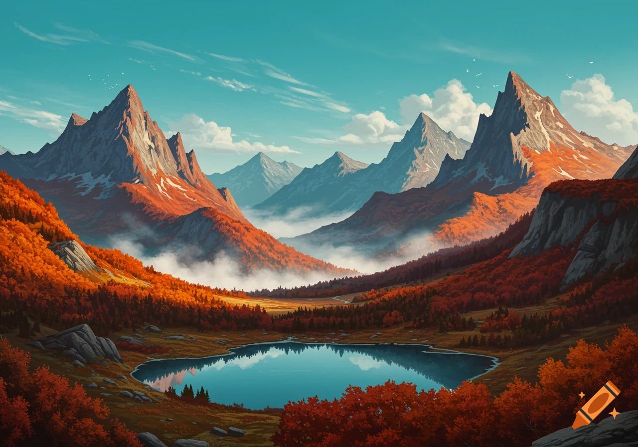 A vibrant autumn landscape features a serene lake reflecting large, rugged mountains under a clear sky with scattered clouds.