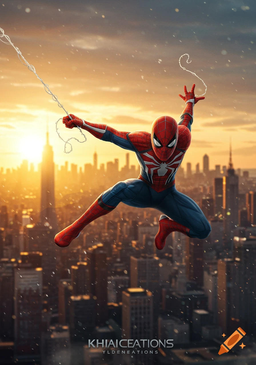 Spider-Man leaps over a cityscape at sunset, with a web string extending from his left hand.