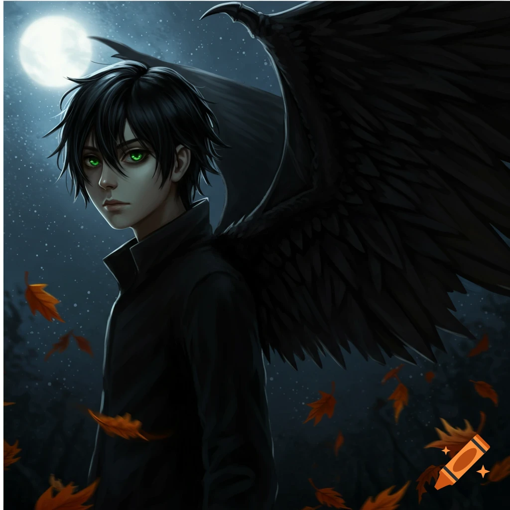 An illustrated boy with black hair, green eyes, and large black wings stands under a full moon with falling autumn leaves.