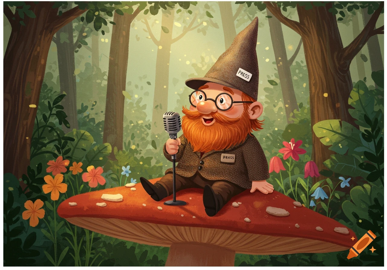 A charming cartoon gnome reporter with a red beard and glasses sits on a mushroom in a forest, holding a microphone.