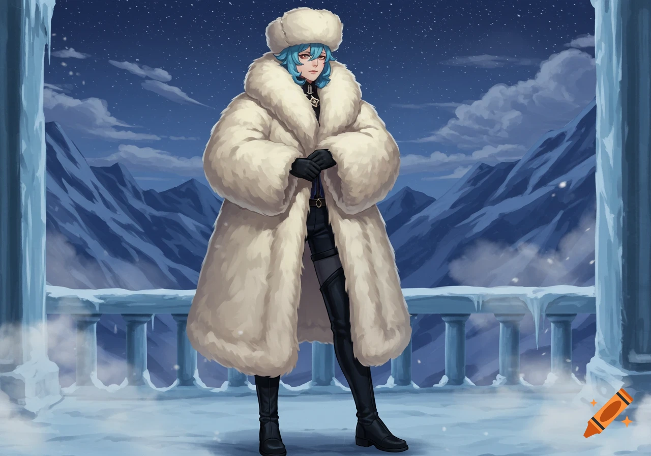 Anime character with blue hair in a large white fur coat and hat on a snowy balcony with mountains at night.
