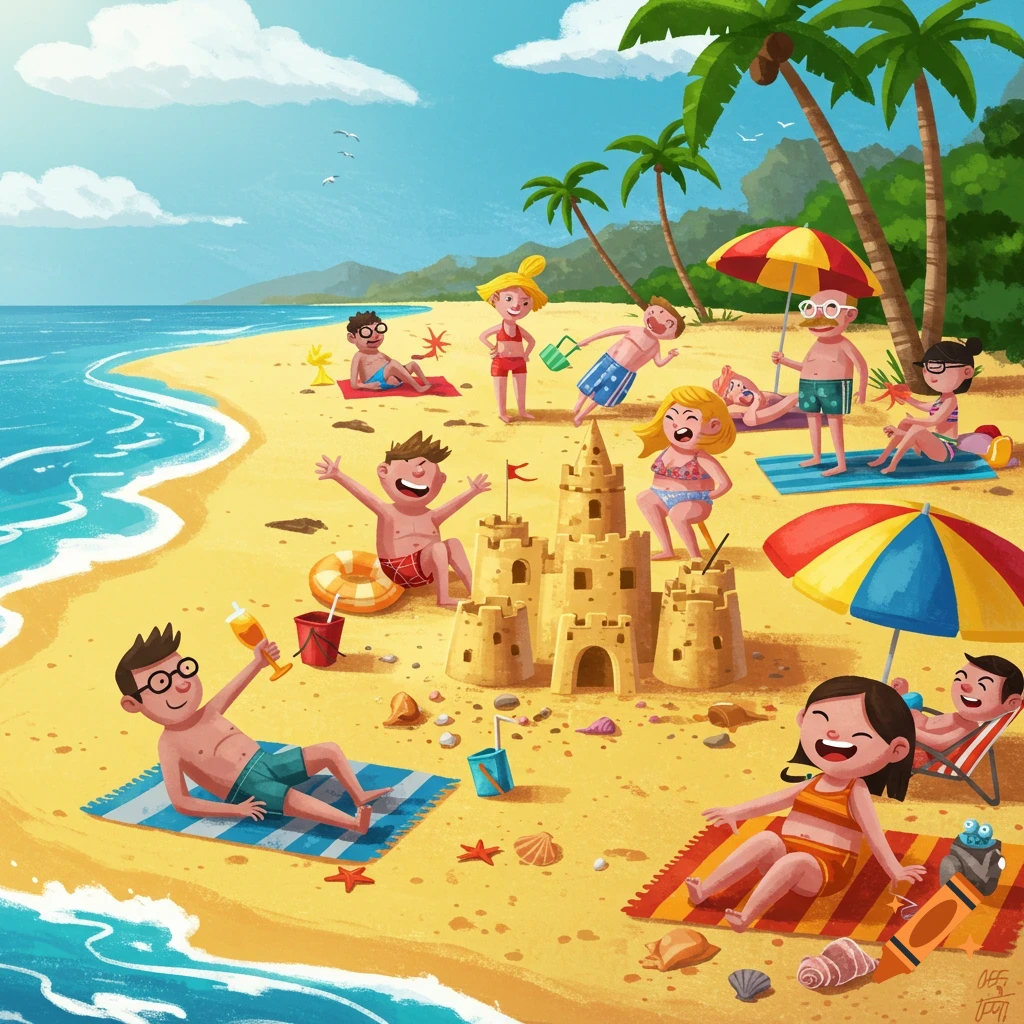 Cartoon illustration of a lively beach scene with people building sandcastles, swimming, and relaxing under palm trees.