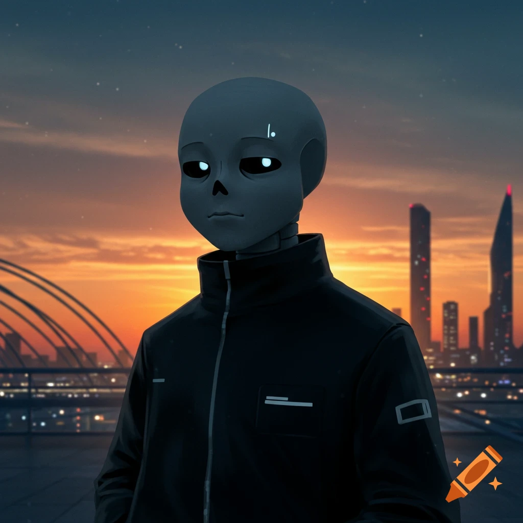 A stylized character with a dark skull-like head and glowing eyes, wearing a black jacket, stands on a rooftop overlooking a city skyline at sunset.