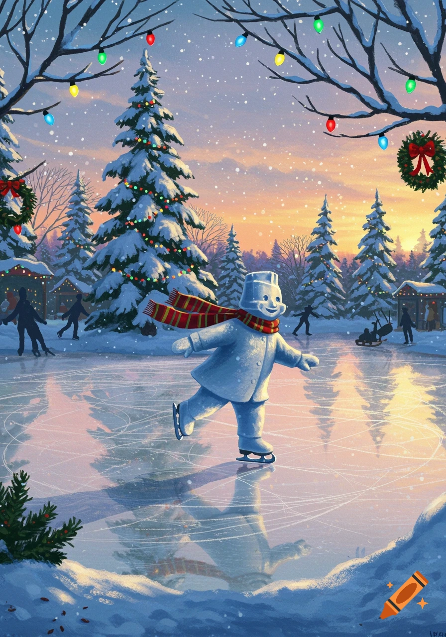 A cartoon-like snow character with a red and gold striped scarf ice skates gracefully on a frozen pond in a snowy park at sunset, surrounded by decorated Christmas trees and festive lights.