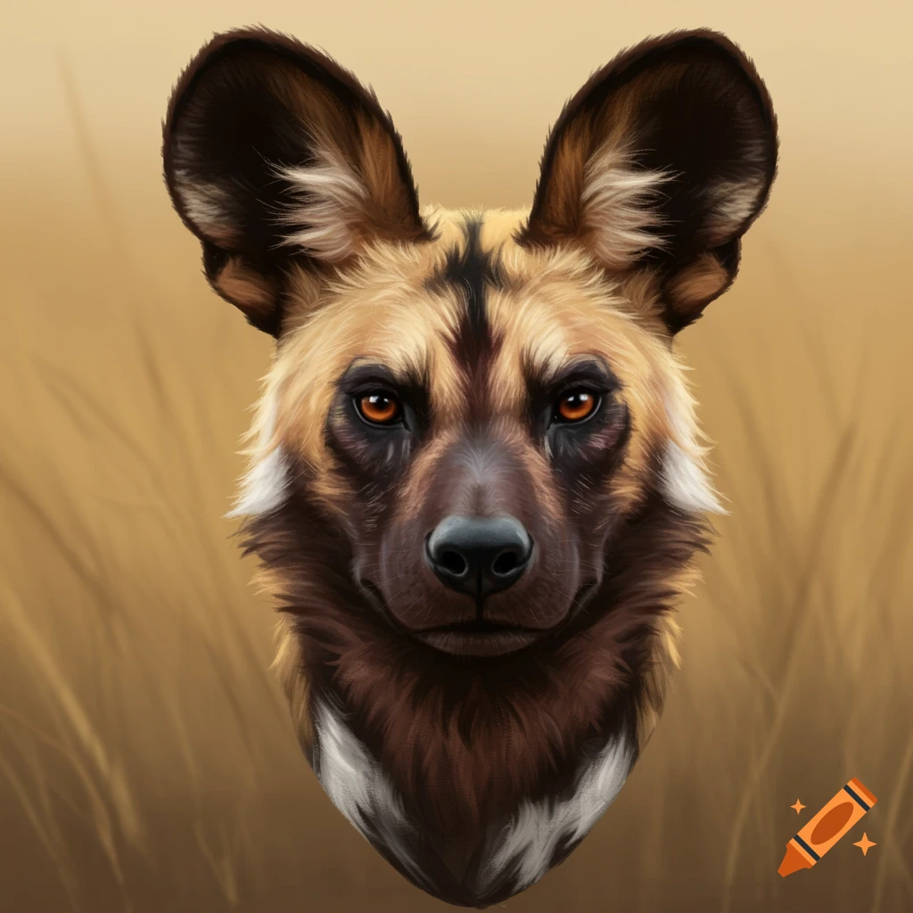 A detailed digital drawing of an African wild dog's head, featuring its distinctive markings and large ears, against a blurred warm background.