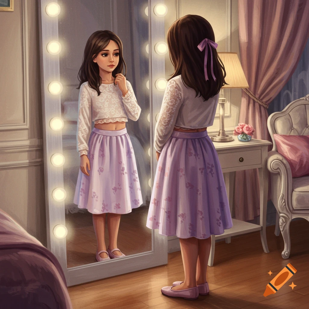 A young girl in a white lace crop top and lavender floral skirt looking at her reflection in a full-body mirror in a softly lit bedroom.
