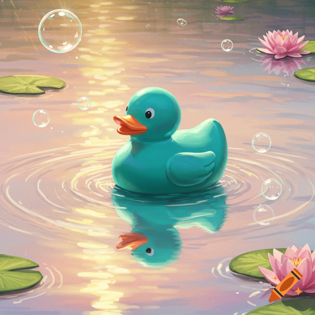A teal rubber duck floats in a pond surrounded by lily pads, with bubbles and a soft sunset glow on the water.