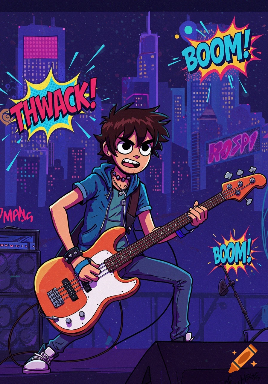 A comic art illustration of a young man with a spiky brown hair, resembling Scott Pilgrim, playing an orange bass guitar on a stage with a neon city skyline at night. Text bubbles say "THWACK!" and "BOOM!" in a vibrant pop art style.