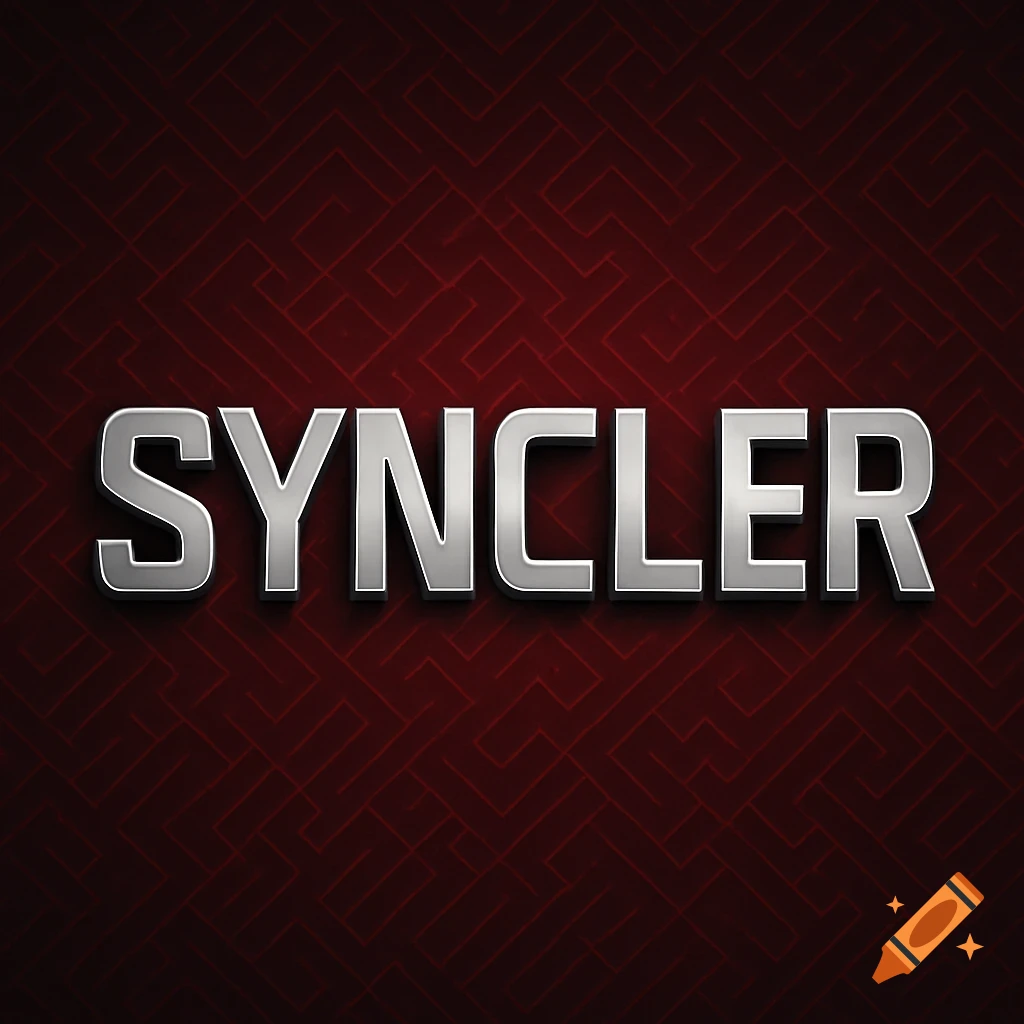 Silver text 'SYNCLER' with a shadow effect, set against a dark red background with a subtle maze-like pattern.