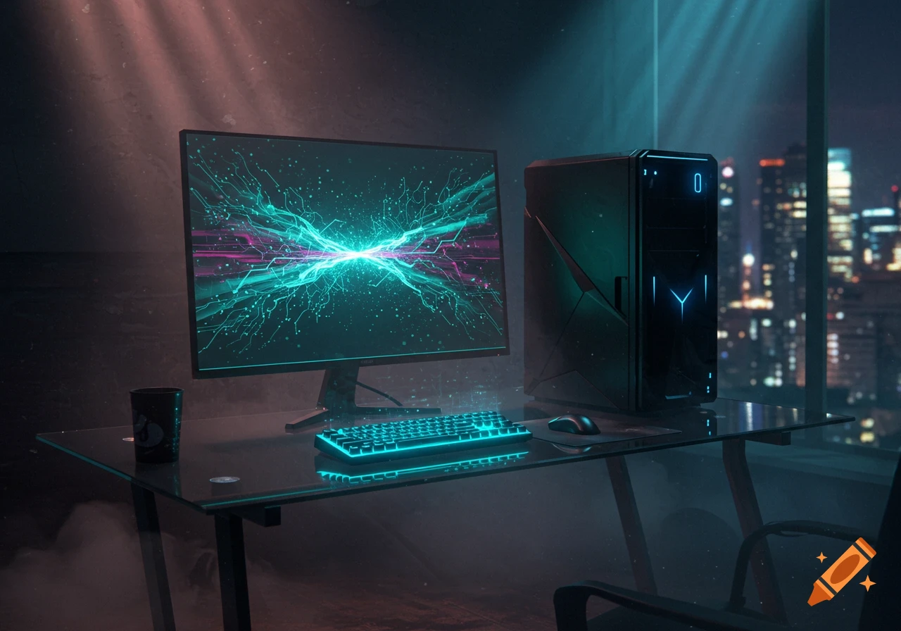 A neon-lit computer setup on a glass desk, featuring a glowing keyboard and monitor, with a city skyline at night in the background.