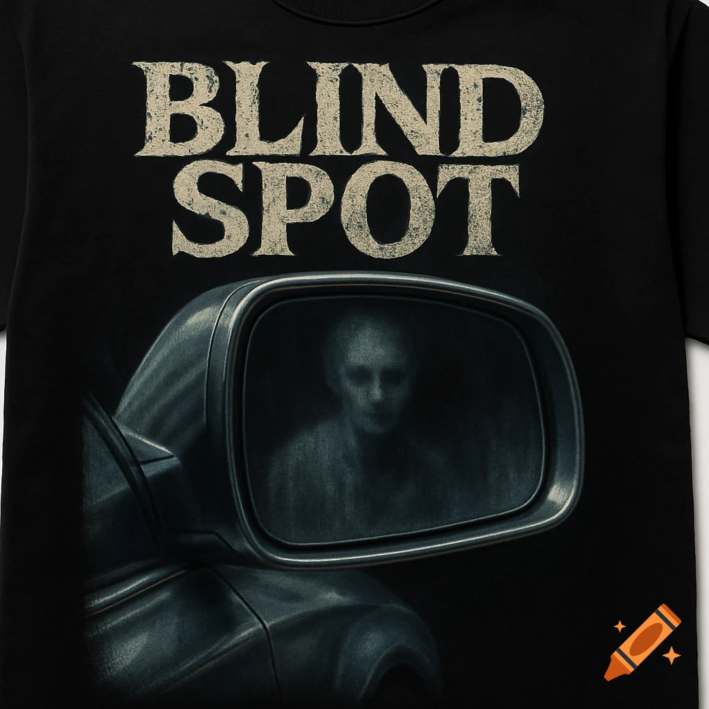 A black t-shirt graphic featuring a car's side mirror with a distorted, ghostly figure reflected, and the words 'BLIND SPOT' above in a distressed font.