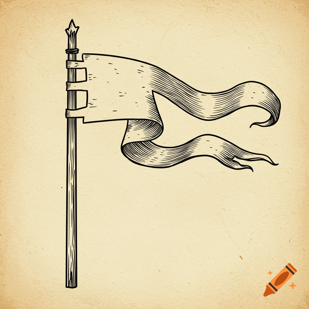 A 15th-century style woodcut engraving of a medieval pennant blowing in the wind on a pole against an aged parchment background.