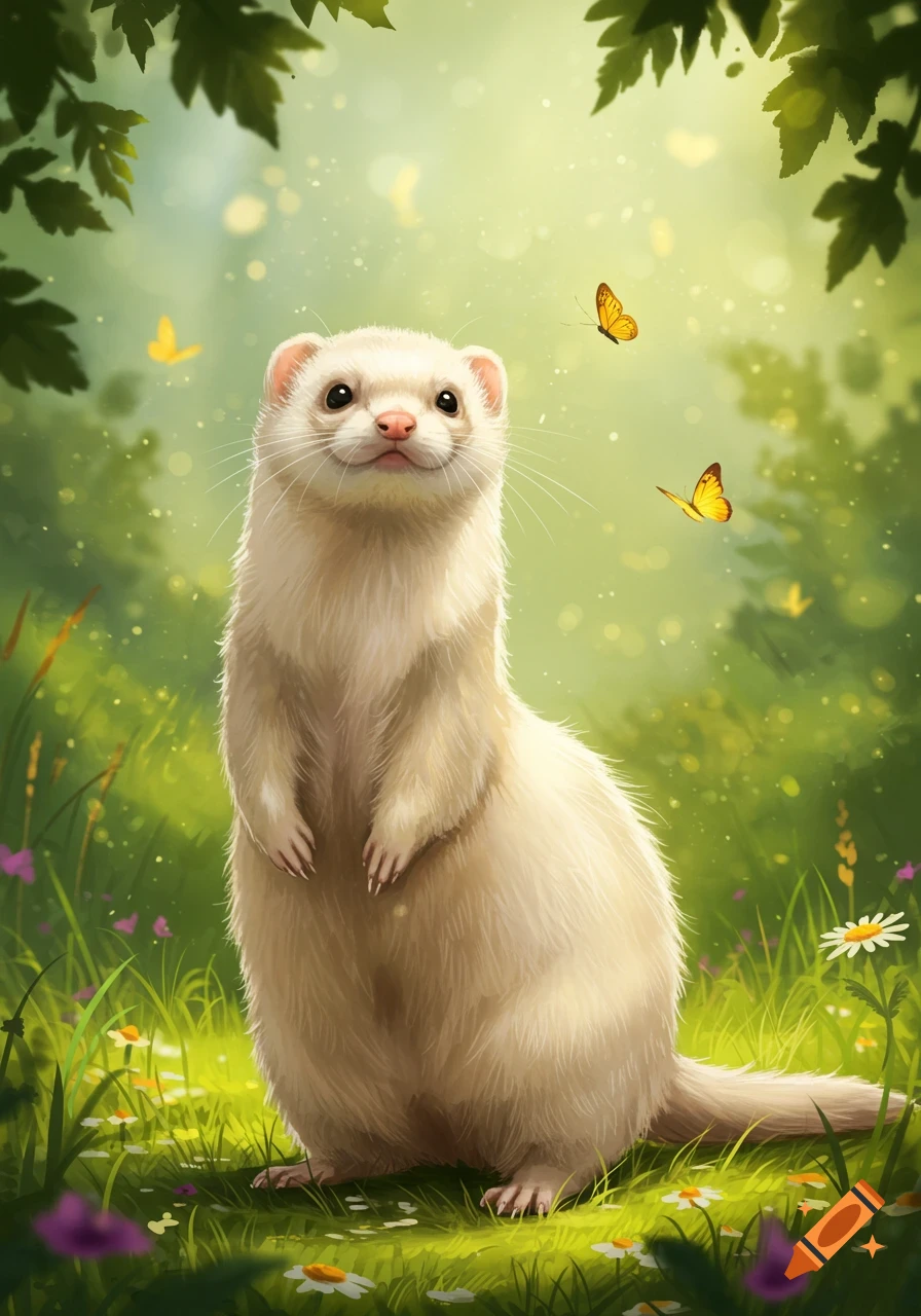 A cute light-colored ferret stands upright in a lush green field among wildflowers and butterflies, a digital illustration.