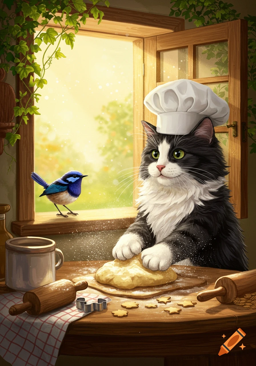 A whimsical illustration of a black and white cat in a chef's hat kneading dough on a wooden table, with a blue fairy wren perched on a sunlit window sill.