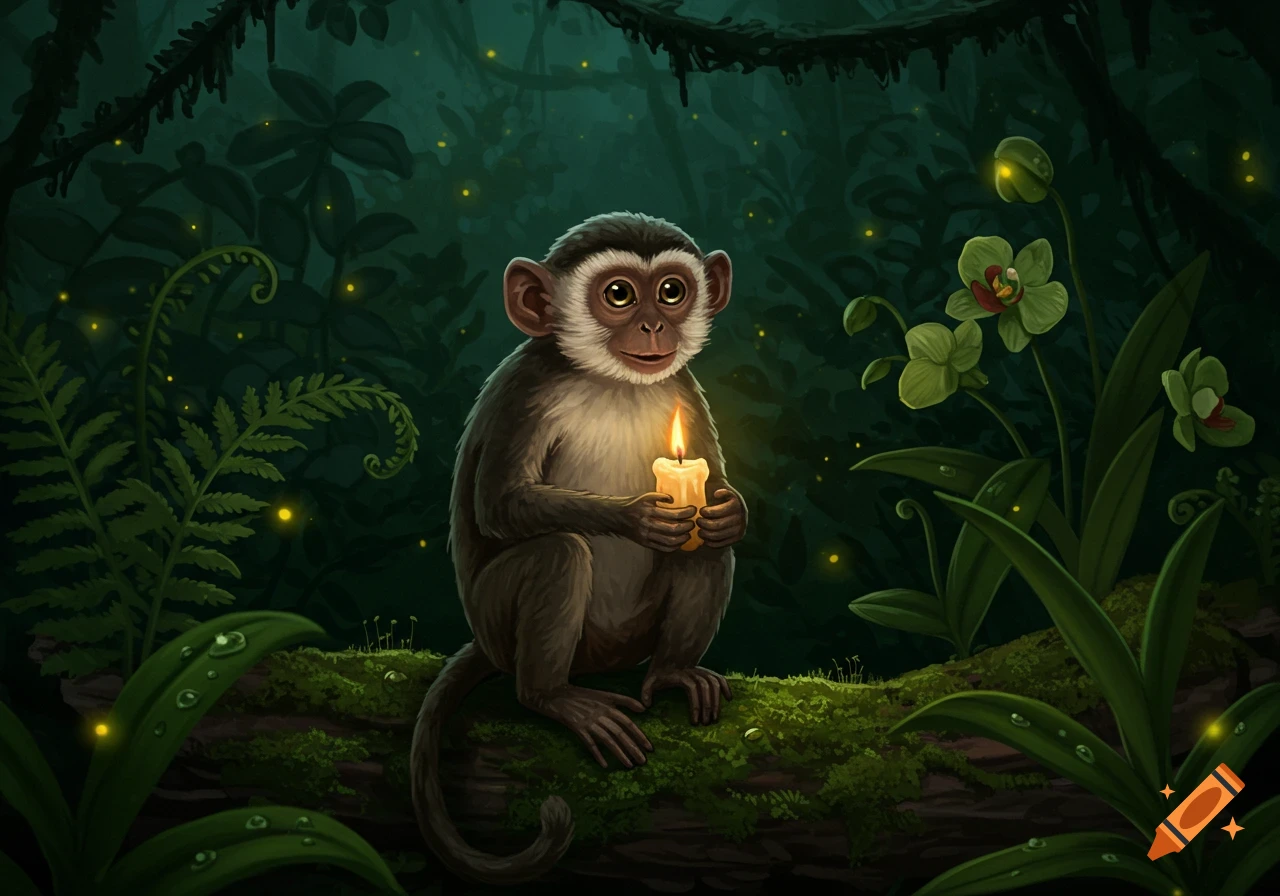 A cute monkey holding a lit candle, sitting on a mossy log in a dark, glowing jungle with plants and fireflies. Illustrated art style.