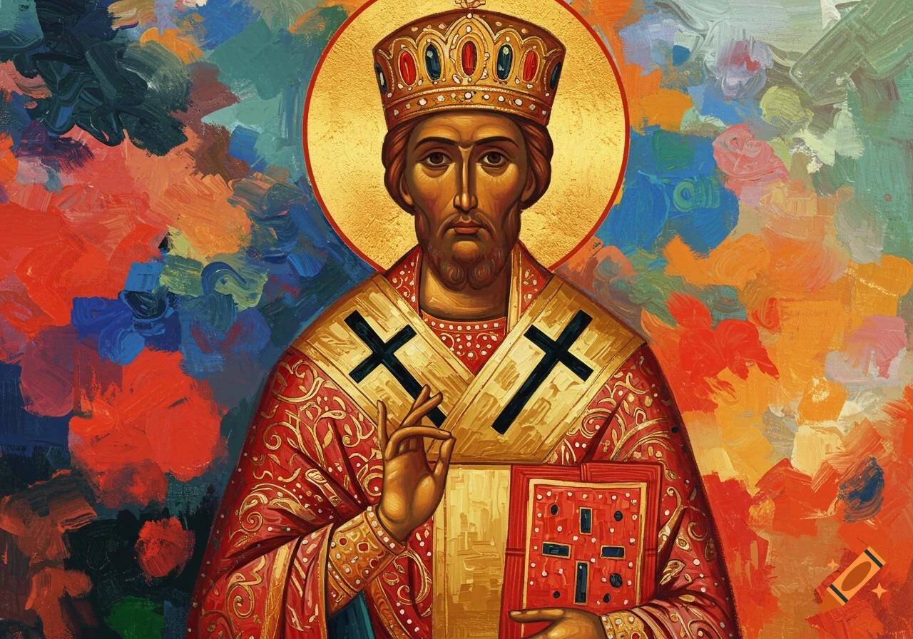 A vibrant painting of a crowned saint in red and gold robes holding a book, with a hand raised in blessing, in the style of a Russian icon and Matisse.