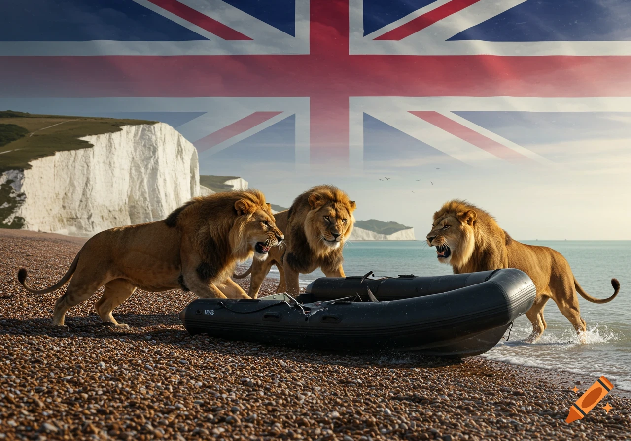 Three lions on a pebble beach with white cliffs and a black dinghy. A Union Jack flag is overlaid in the sky.