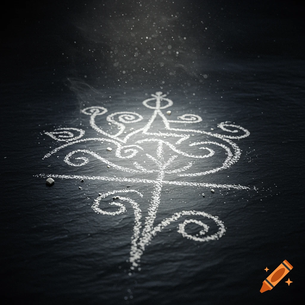 A white, ornate glyph drawn with chalk on a dark slate surface, illuminated by a spotlight with dust particles.