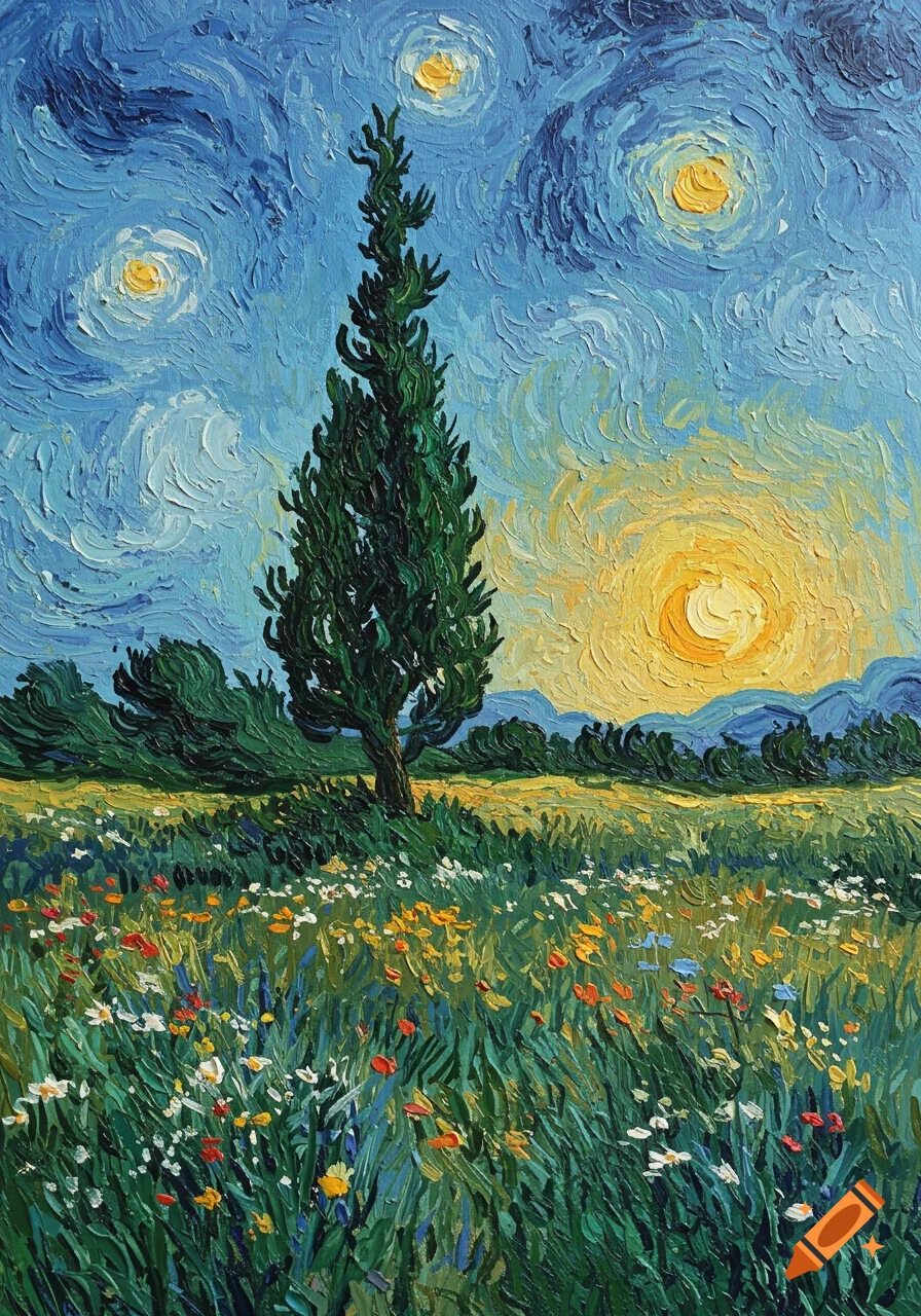An oil painting in Van Gogh's style showing a tall tree in a field of wildflowers under a swirling blue and yellow sky.
