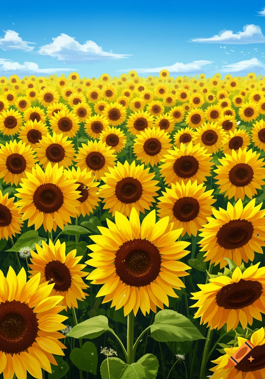 A vibrant field of yellow sunflowers stretches under a clear blue sky with fluffy white clouds. The style is illustrative.