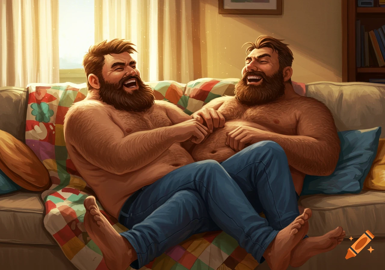 Two smiling, bearded men, shirtless in jeans, tickle each other on a couch in a cozy, sunlit room, in an illustrative style.