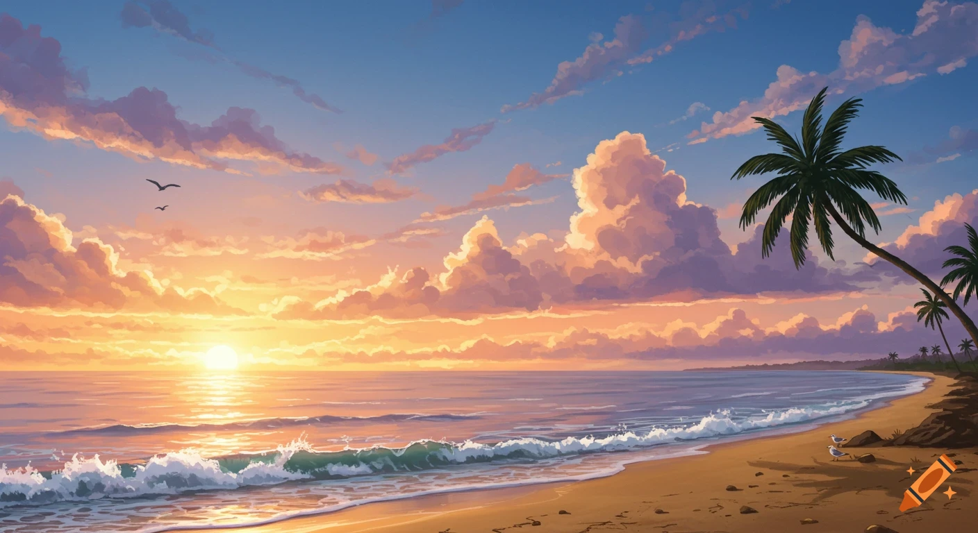 Vibrant sunset over a tropical beach with orange and purple clouds, ocean waves, and palm trees.