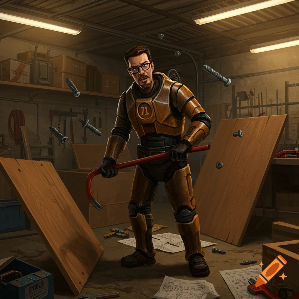 Illustration of Gordon Freeman in a yellow and black HEV suit, holding a red crowbar in a messy workshop with floating screws and wooden boards.