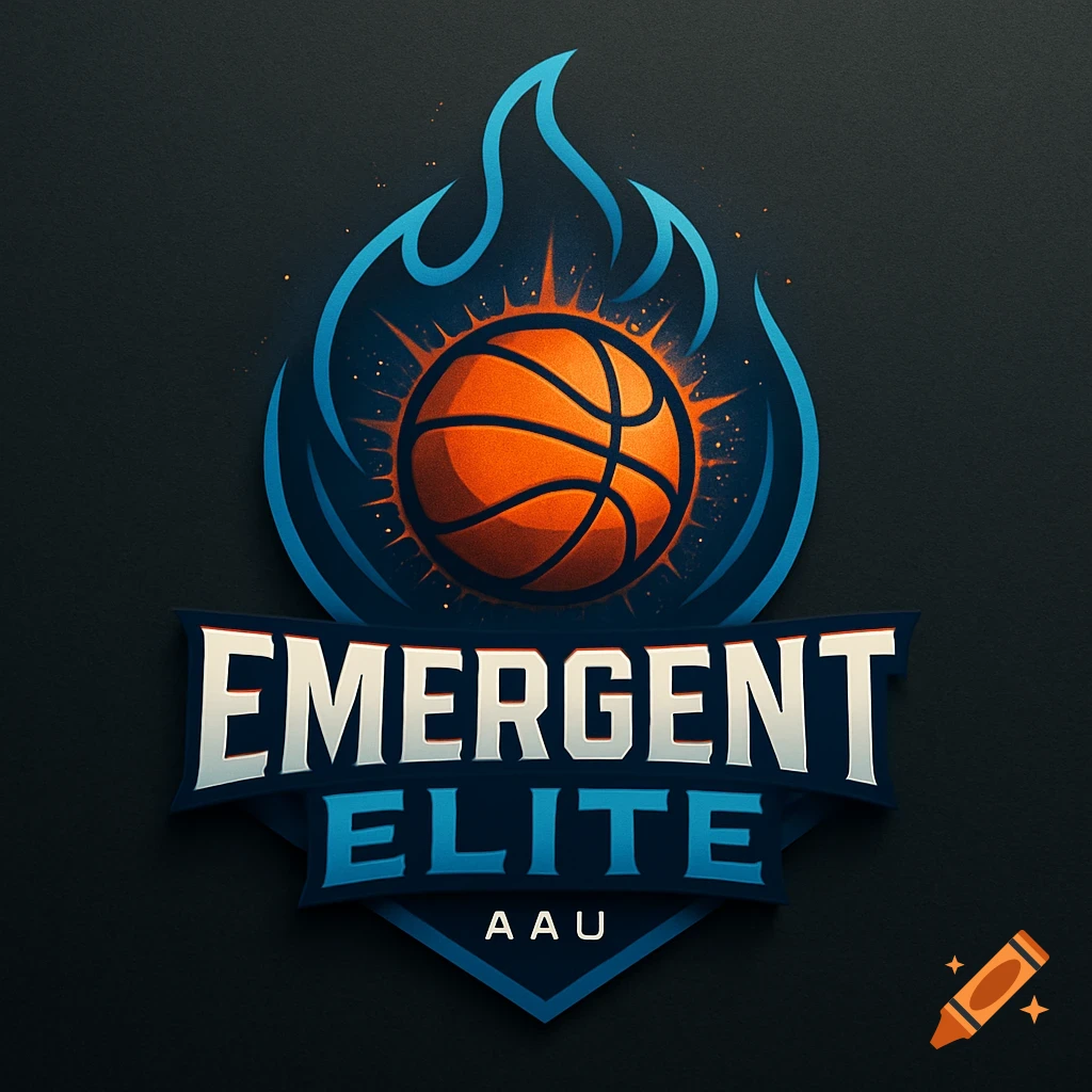 A basketball team logo with a flaming basketball and the text "Emergent Elite AAU" in white and blue.
