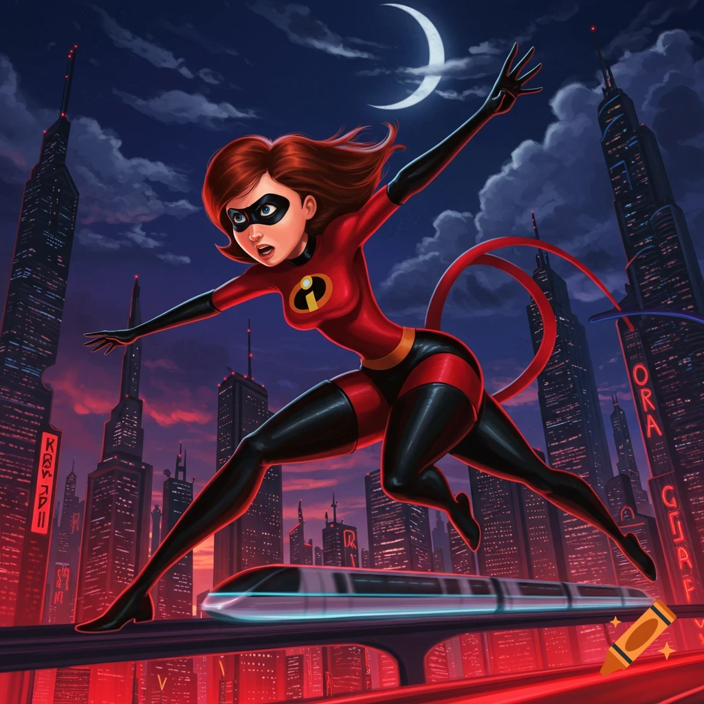 Elastigirl from The Incredibles poses mid-air over a futuristic city at night, with a crescent moon and a bullet train below.