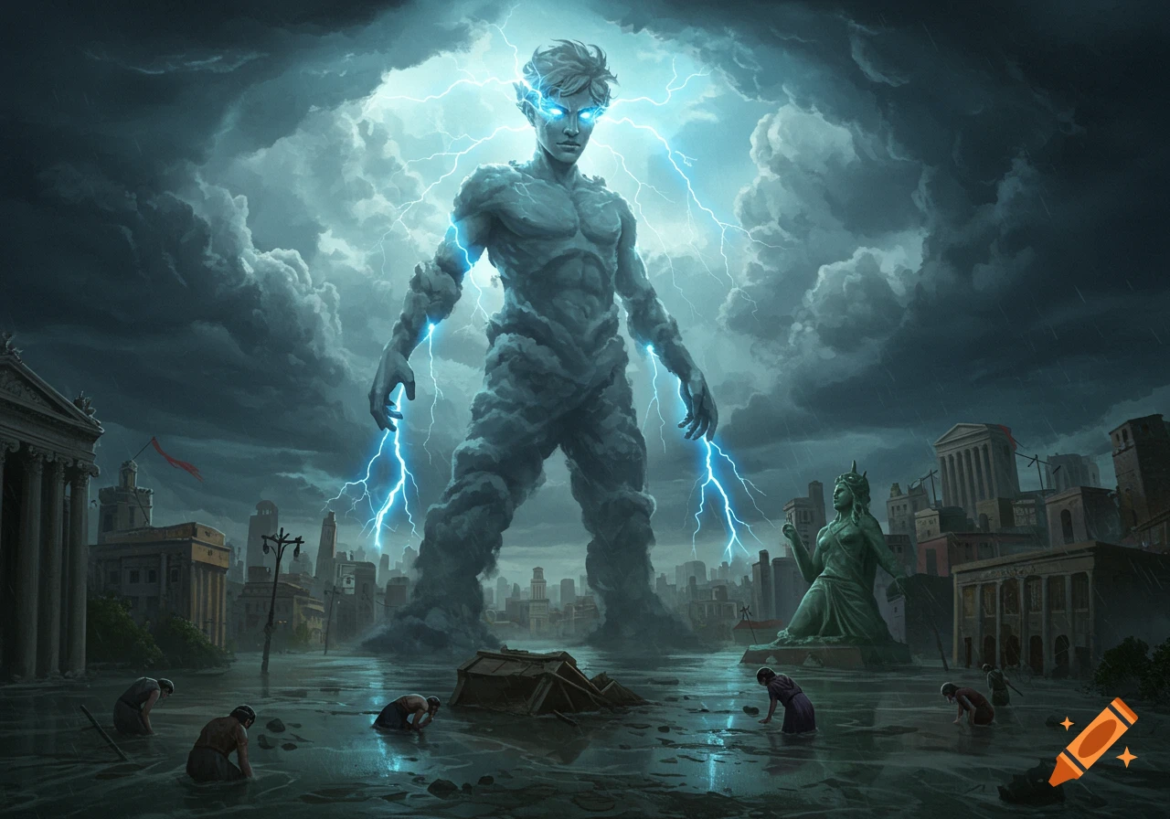A gigantic figure made of storm clouds with glowing eyes and lightning stands in a flooded, ruined city, with smaller figures in the foreground.