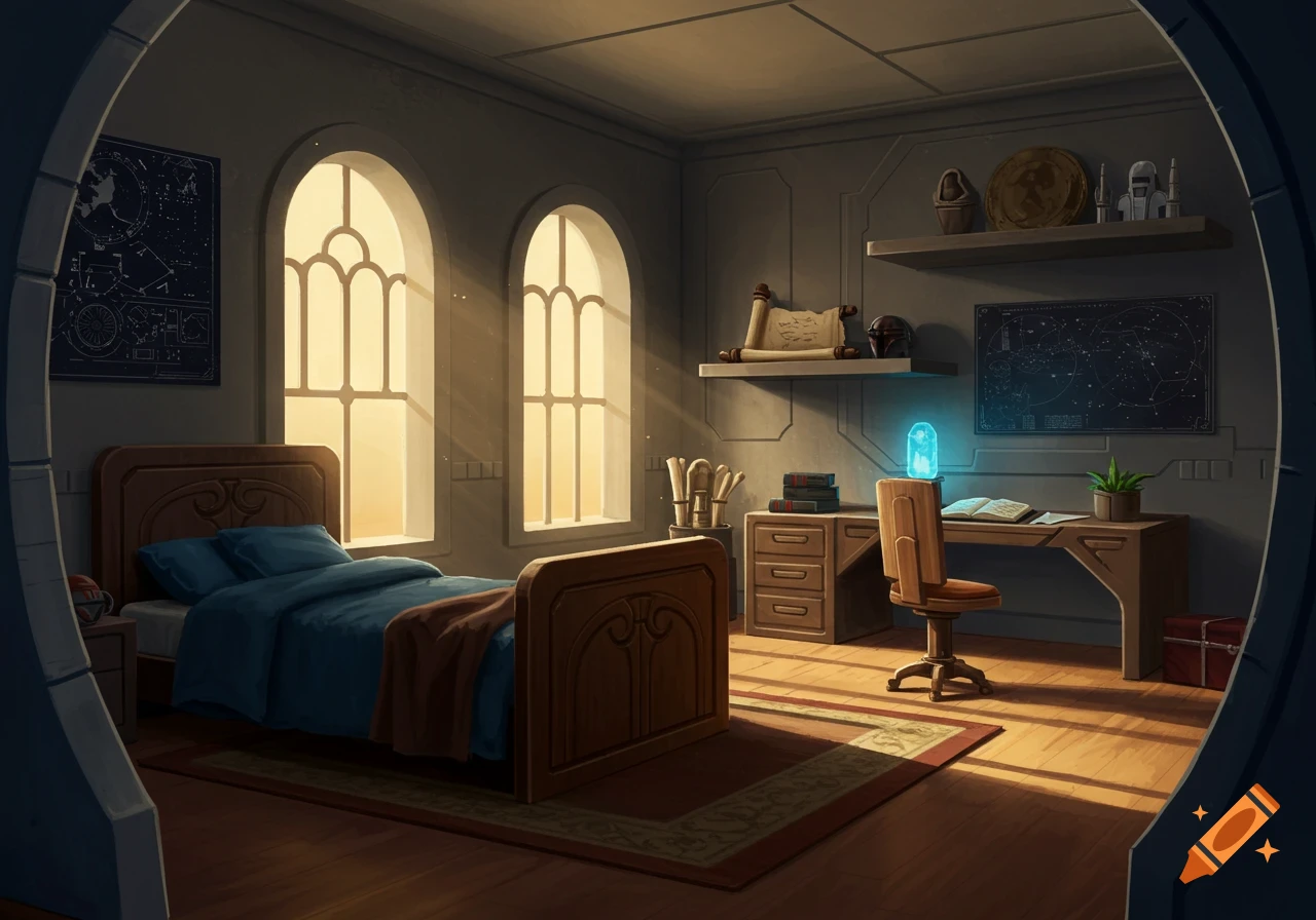 A stylized bedroom in a Jedi temple, featuring arched windows, a wooden bed with blue bedding, a desk with a glowing blue object, and wall maps.