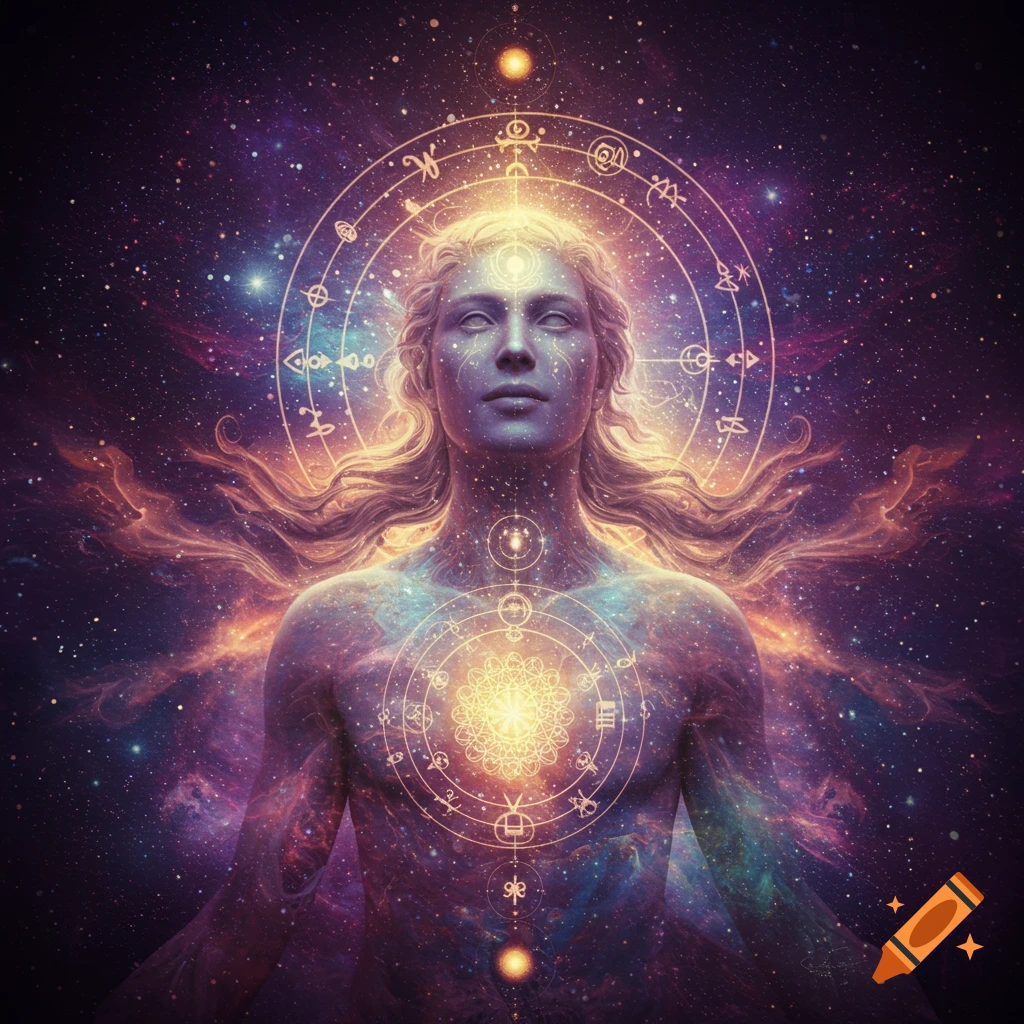 Ethereal figure glowing with cosmic energy and mystical symbols in a vibrant galaxy.