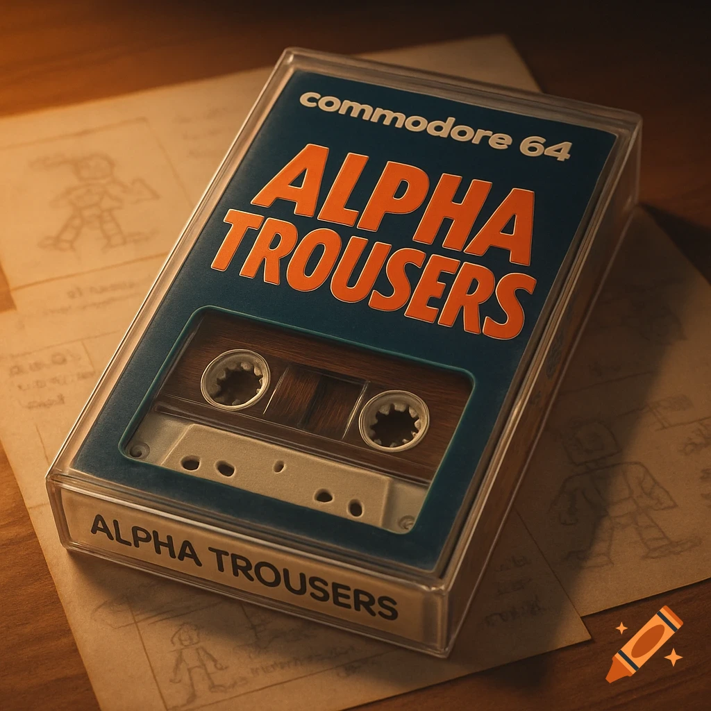 Close-up of a vintage Commodore 64 cassette tape for 'Alpha Trousers' in a clear case, on paper with drawings.