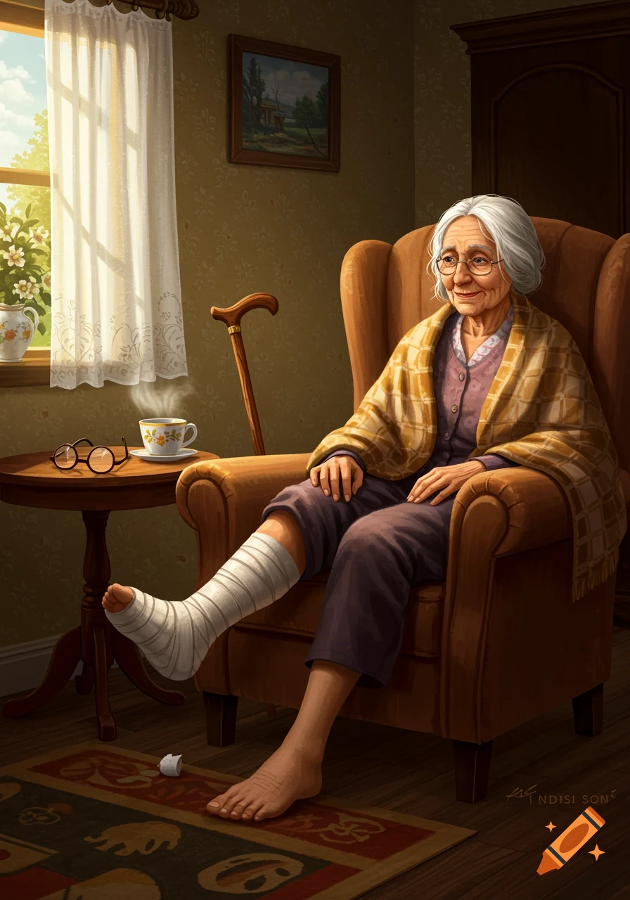 A digitally painted scene of an elderly woman with a bandaged leg sitting in an armchair in a cozy room with a window.