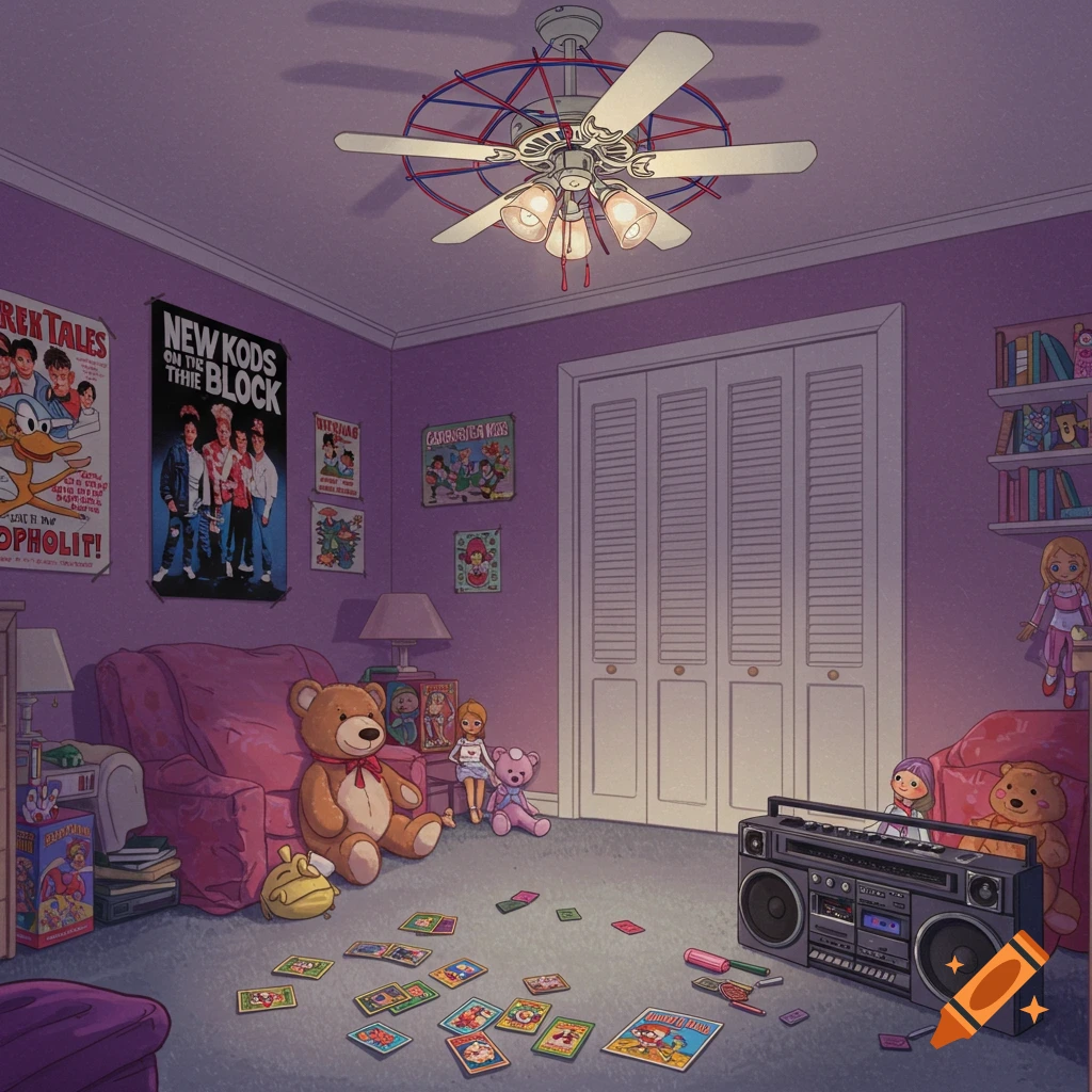 A purple 80s-era bedroom with a ceiling fan, posters, a boombox, teddy bears, and various toys scattered on the light gray carpet.