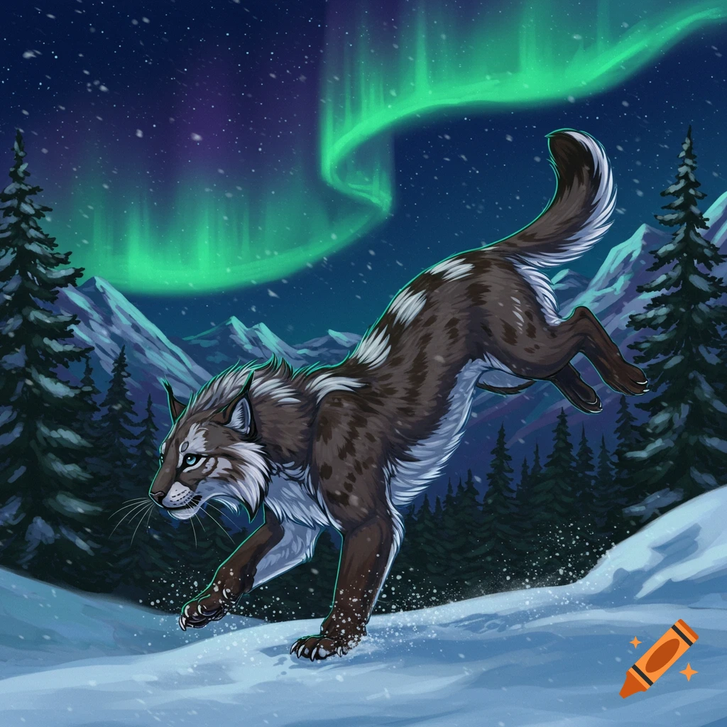 A brown and white lynx-like creature leaps through a snowy mountain landscape with pine trees under vibrant green aurora borealis.