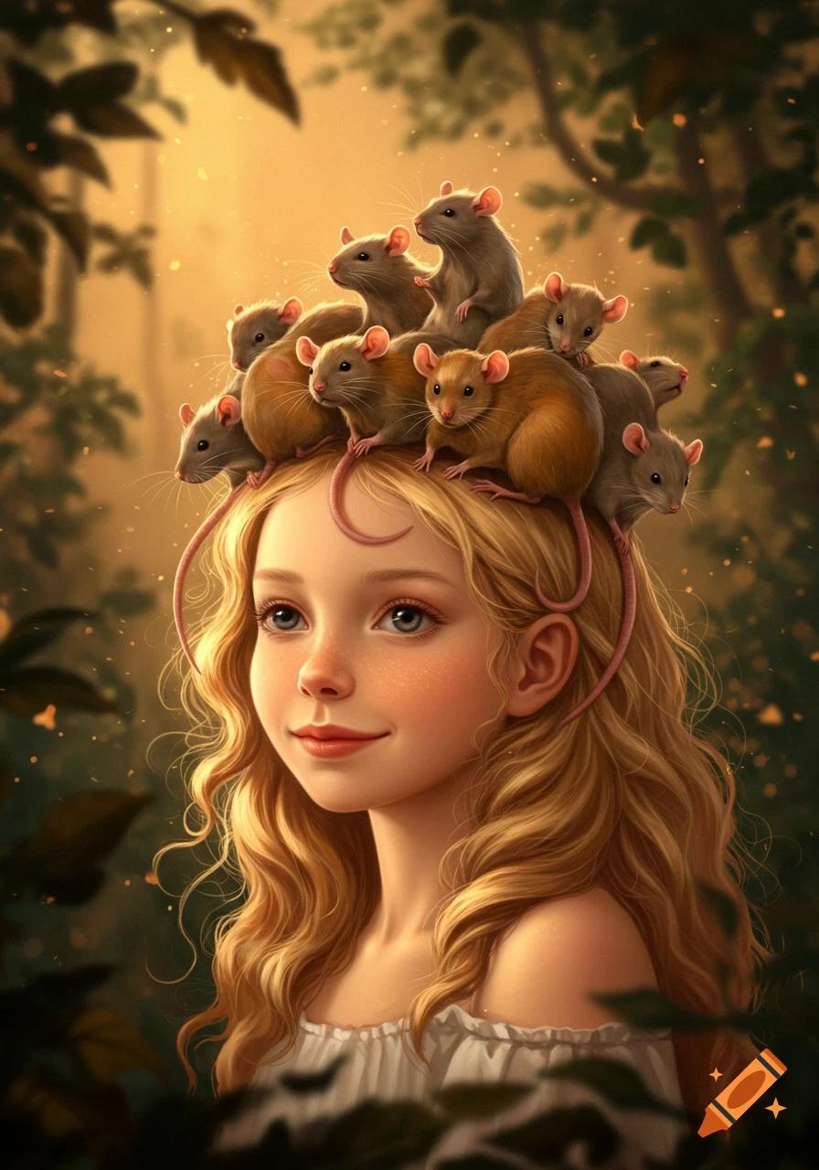 A young blonde girl with a whimsical crown of small rats on her head, in a forest setting with a golden glow.
