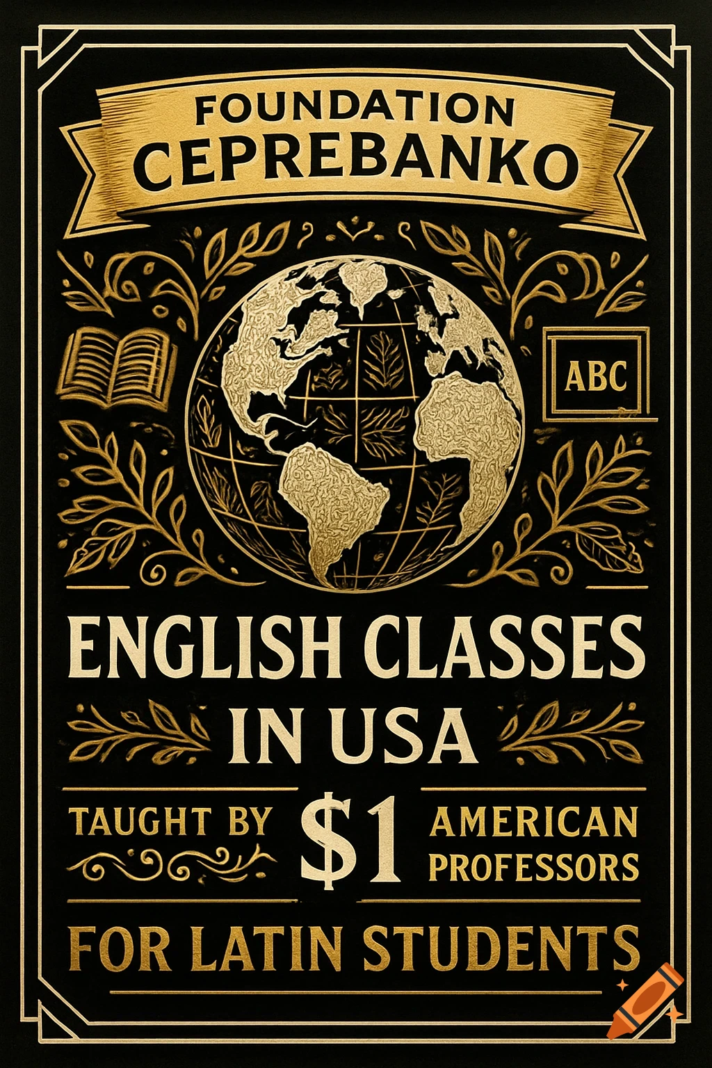 A vintage-style black and gold poster with ornate scrollwork, a globe, and an open book, advertising 'English Classes in USA'.