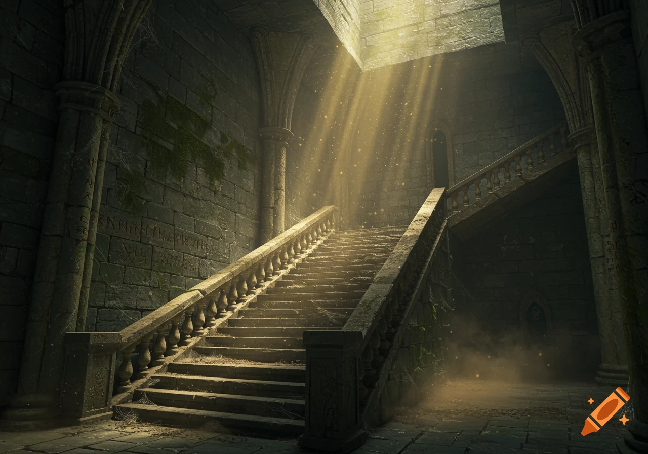 A dusty, medieval-style stone staircase bathed in glowing sunbeams filtering from above, within a dark, ancient castle or dungeon.
