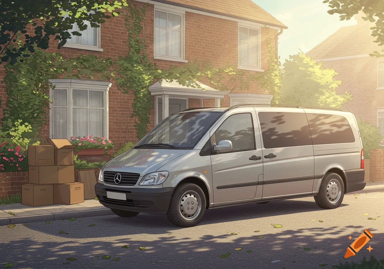 A silver Mercedes Vito van parked on a street in front of a brick house with ivy. Several cardboard moving boxes are stacked on the sidewalk next to the van. The scene is bathed in warm sunlight.