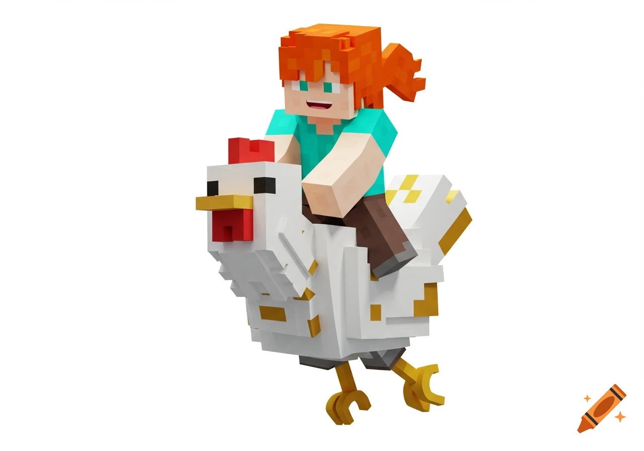 Minecraft character Alex riding a chicken against a white background.