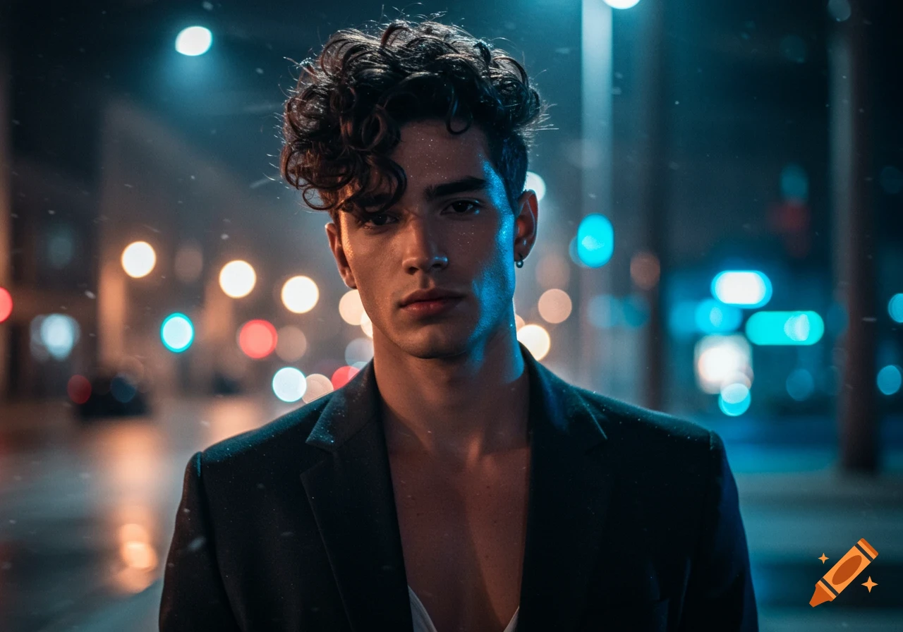 A handsome man with curly hair looking at the camera against a blurred background of city lights at night.