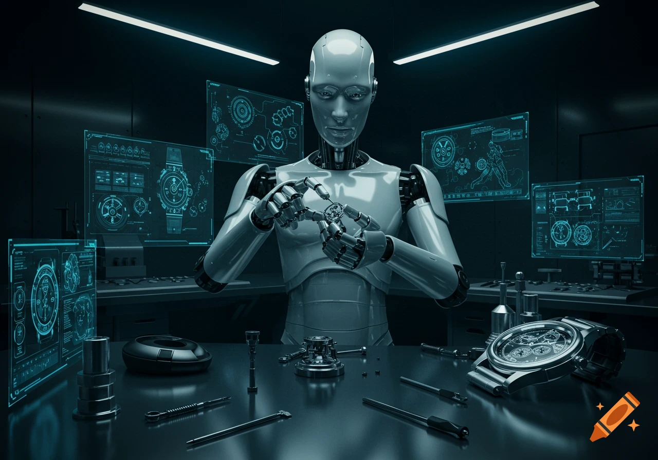 A photorealistic robot meticulously works on a small mechanical device in a futuristic lab with holographic screens.