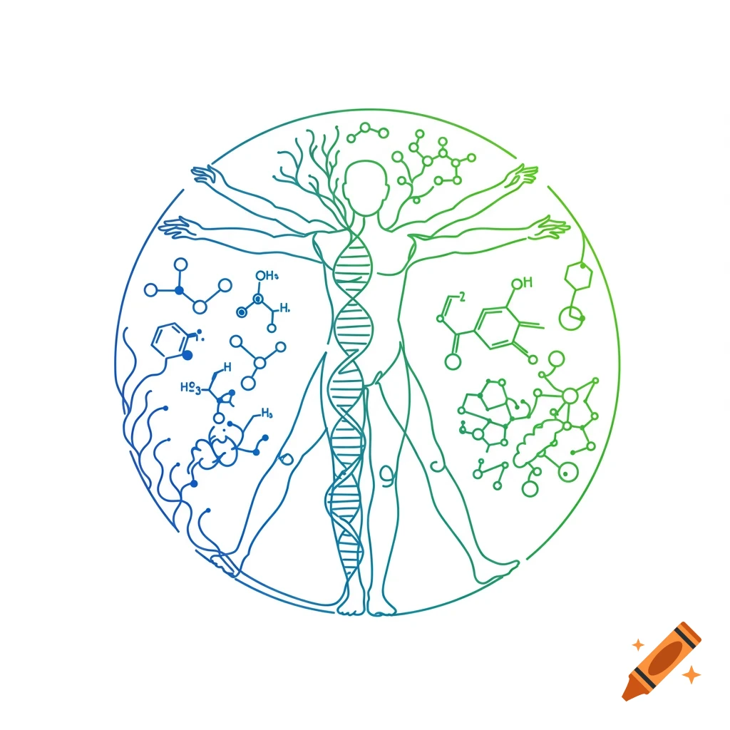 Minimalist blue and green line art circle depicting a human silhouette with a DNA helix spine, surrounded by various molecular structures and scientific symbols, on a white background.