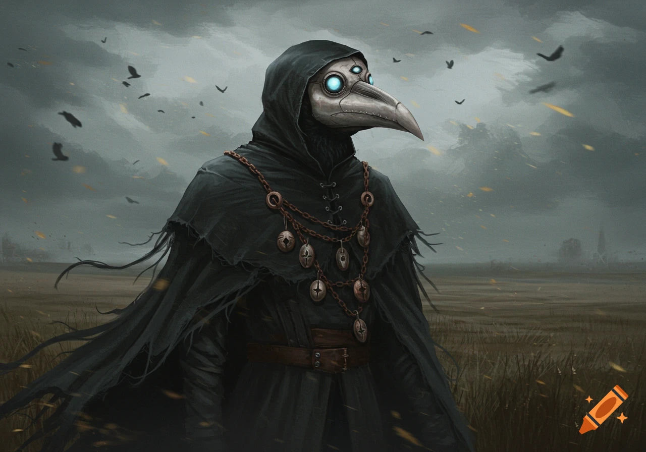 A dark figure wearing a hooded cloak and a bird-like plague doctor mask with three glowing blue eyes stands in a desolate field under a stormy sky with ravens flying.