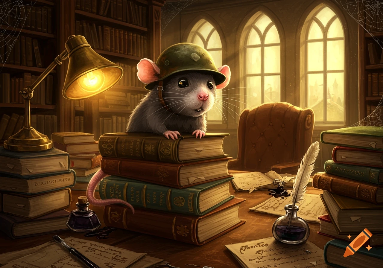 A cute rat wearing an army helmet sits on a stack of books in a messy, dimly lit library, with a desk lamp, quill, and ink bottle on the table.