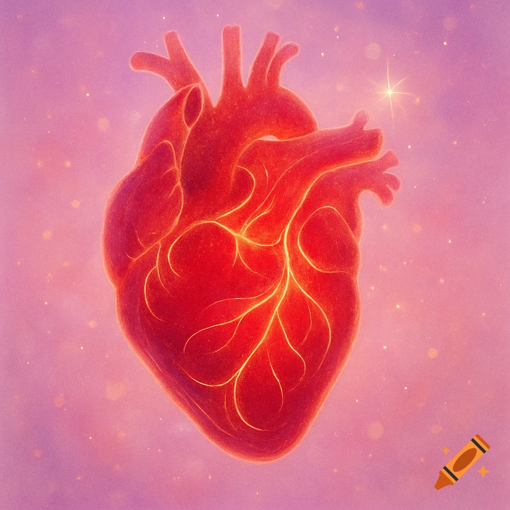 A glowing, stylized human heart floats against a pink and purple background with sparkles.