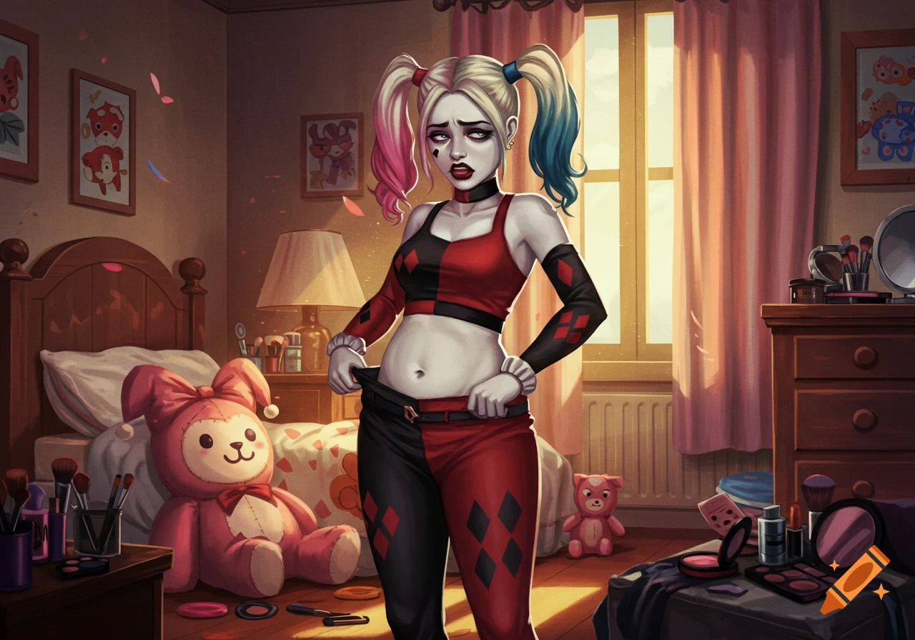 Animated Harley Quinn in her bedroom struggles to pull up her red and black jester pants over her stomach.