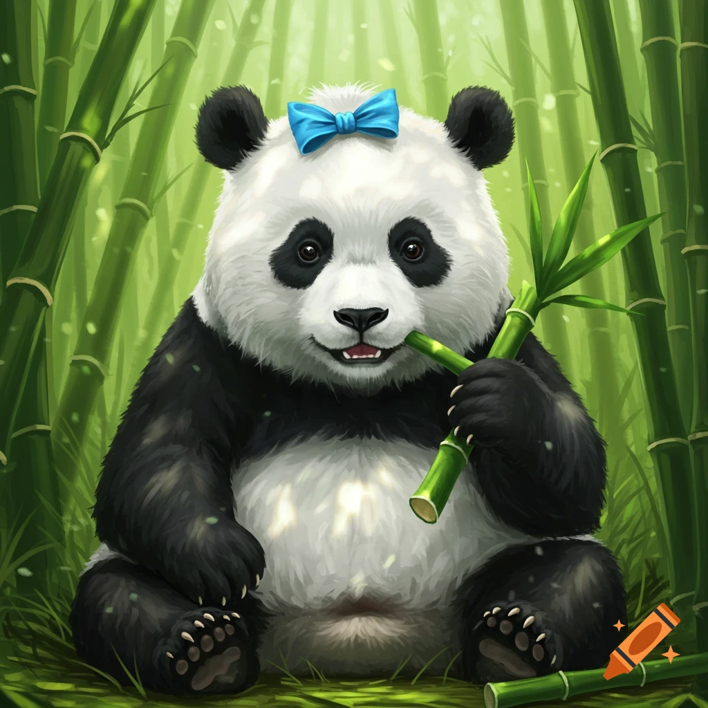 An illustrated panda with a blue bow sits in a bamboo forest, holding a stalk of bamboo.