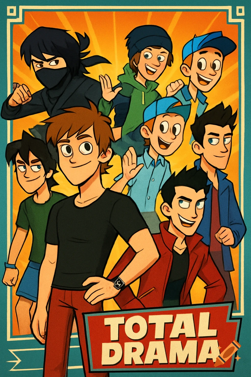 A poster-style image of eight diverse male cartoon characters in various outfits against a yellow sunburst background, with the text "TOTAL DRAMA" at the bottom.